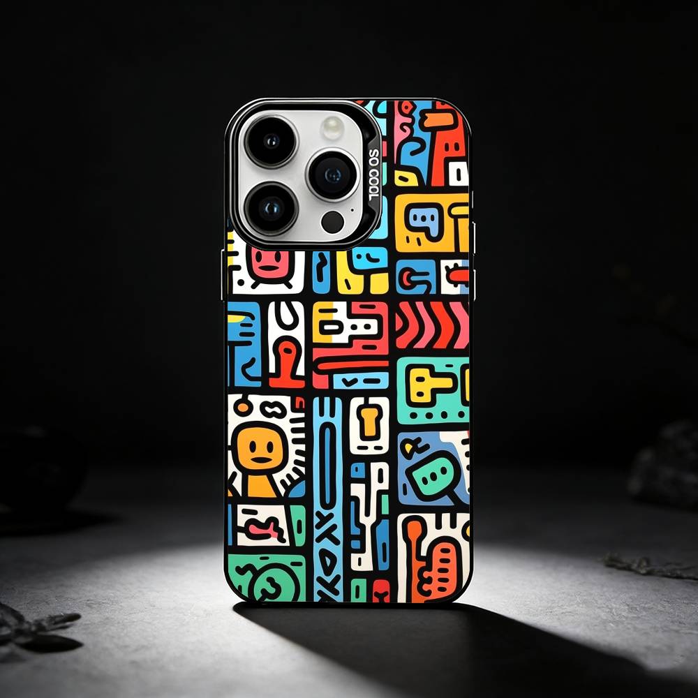 Cartoon Graffiti Phone Case For iPhone 17,16,15,14,13,12,11 Plus,Pro Max,XS,Colored silver phone case