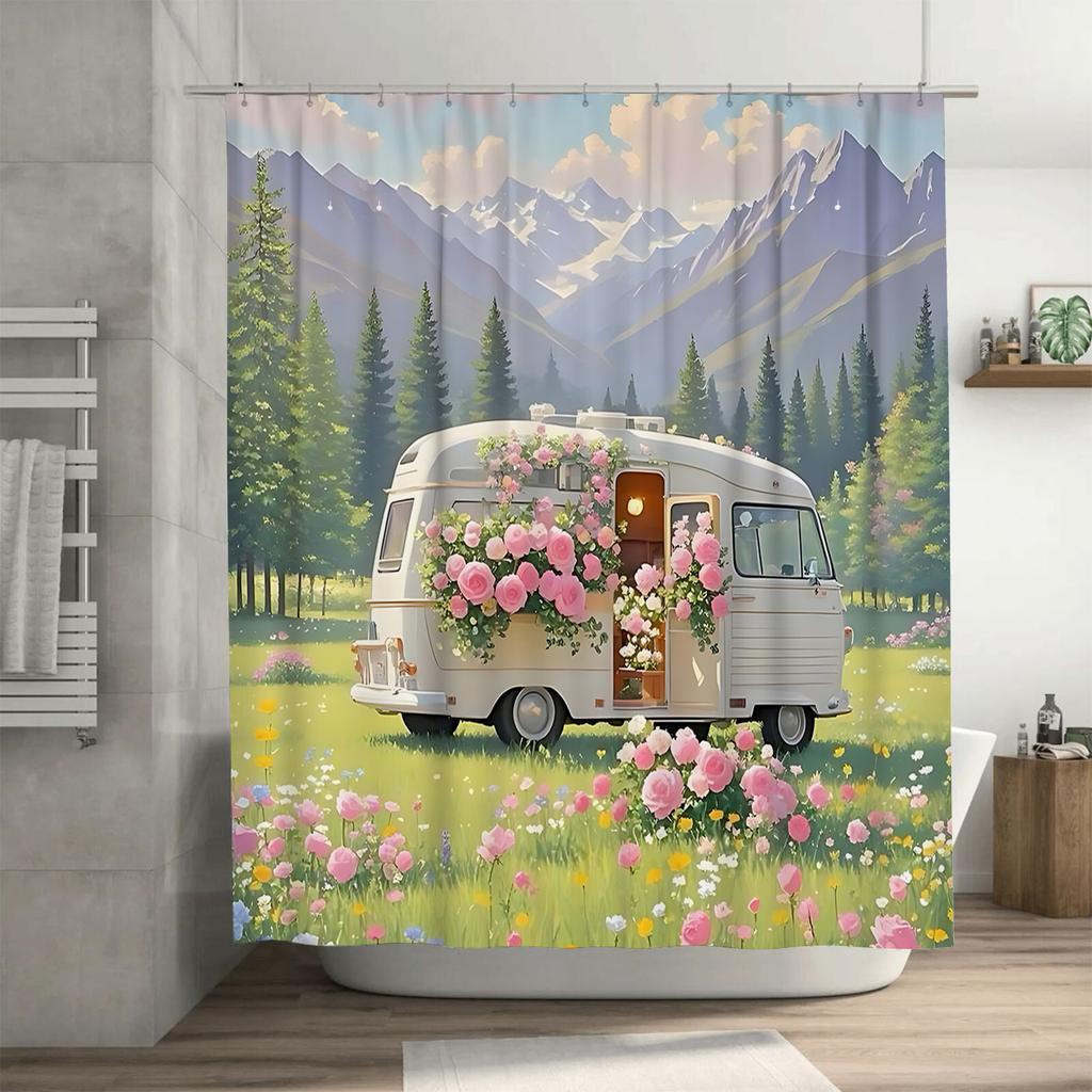 Charming Floral Camper Shower Curtain Nature Inspired Home Decor Waterproof Fabric Bathroom Accessories Set with Hooks