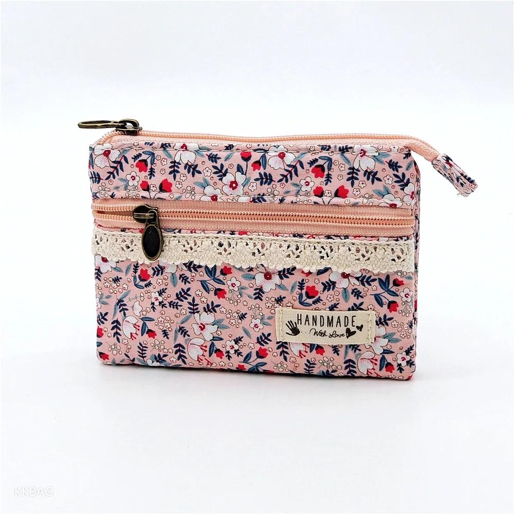 New Fashion Flower Multi-layer Cotton Fabric Coin Purse Women Card Wallet Small Change Bag Retro Canvas Female Hand Purses Pouch