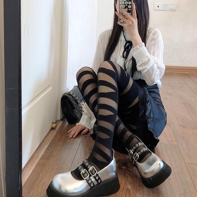 Lolita Cross Strap White Bondage Pantyhose - Semi-Transparent Hollow Stockings One Size