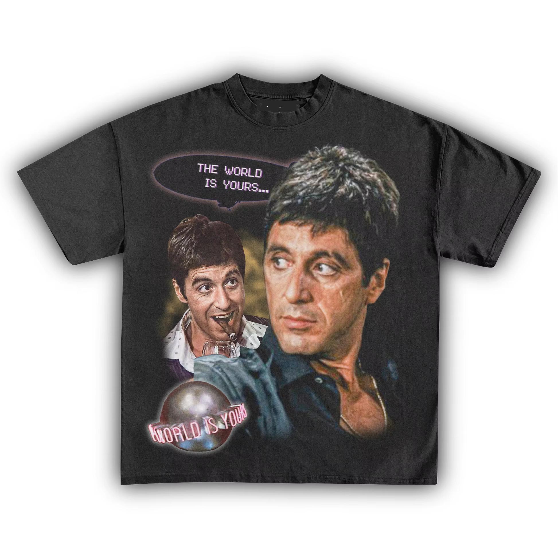 2026 Scarface Tony Montana The World Is Yours 80s Retro T Shirt for Unisex Women Vintage Crime Gangster Movie Graphic Tee Ins 2XL