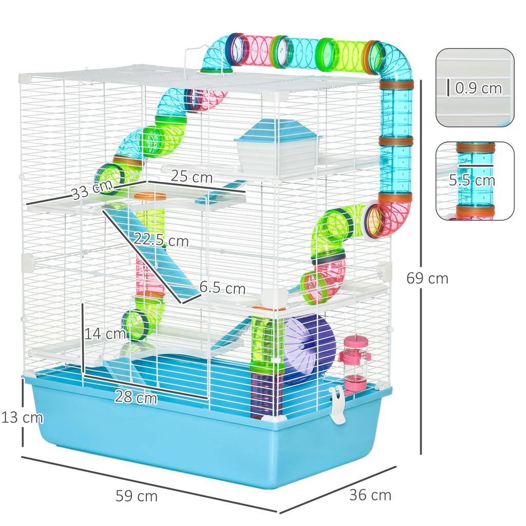 5-Tier Hamster Cage with Tubes, House, Water Tank and Wheel, 59x36x69 Cm