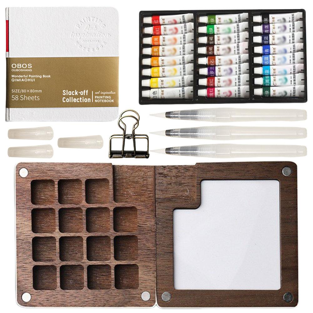 Professional Watercolor Painting Supplies Includes Wooden Palette with Multiple Grid Sections for Creative Artists Sets