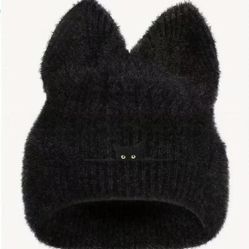 Soft Knitted Cat Ear Embroidered Hat Women Winter Warm Cartoon Hat Outdoor Snow Pullover Hats