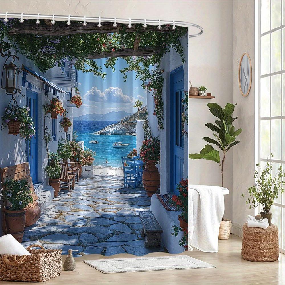Greek Alley Shower Curtain Whitewashed Walls Terracotta Pots Flowers Polyester Machine Washable With 12 Hooks For Bathroom Decor