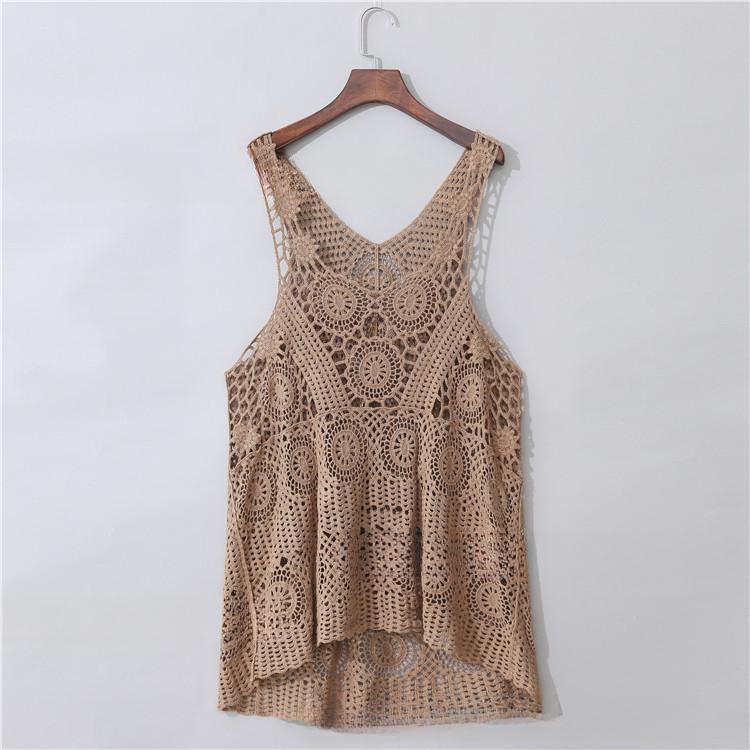 Women's New Crochet Hollow Versatile Vest, Loose Temperament and Fashionable Exterior Literary Asymmetrical Beach Blouse