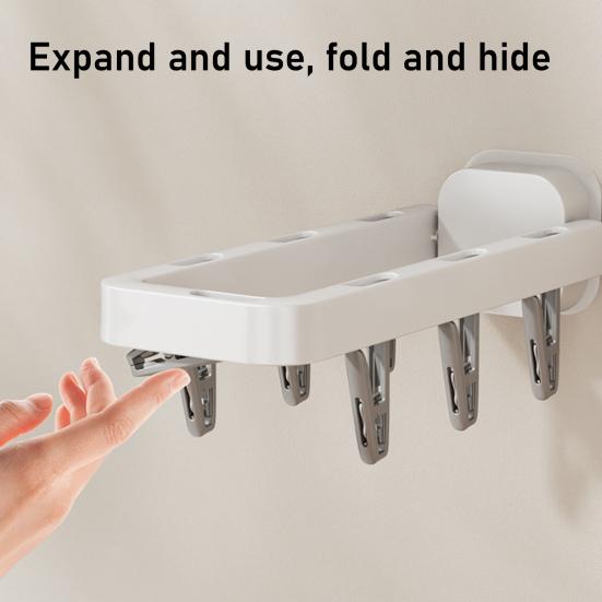 Foldable Laundry Drying Rack with 6 Clips Wall Mount Suction Cup Sock Hanger Space Saving Clothes Organizer for Socks Undergarments Towels