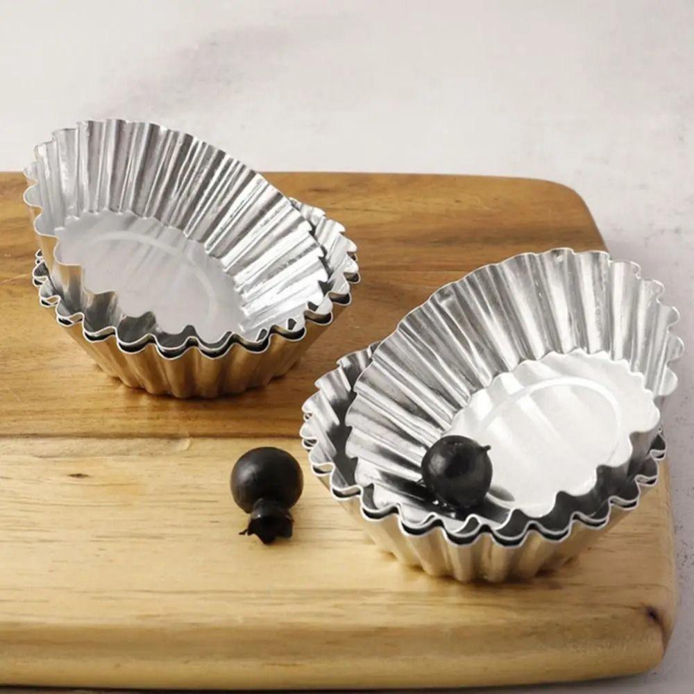 50Pcs Reusable Egg Tart Cup Mold Non-Stick Aluminium Alloy Kitchen Baking Mold Fluted Round Flower Shape Tart Muffin Molds
