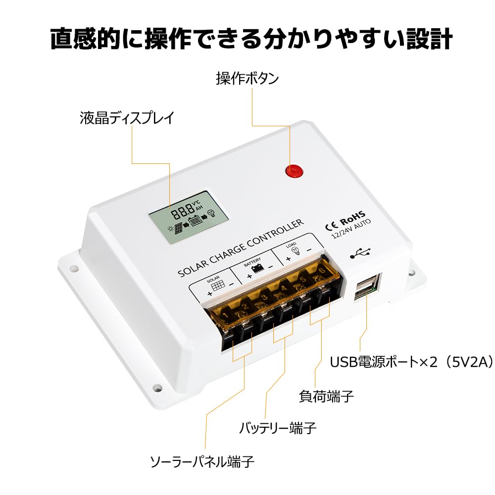 [Lithium Battery Activation] LVYUAN PWM 10A Solar Charge Controller (12V/24V compatible) with USB 5V output and LCD screen. Ideal for boats, outdoor u