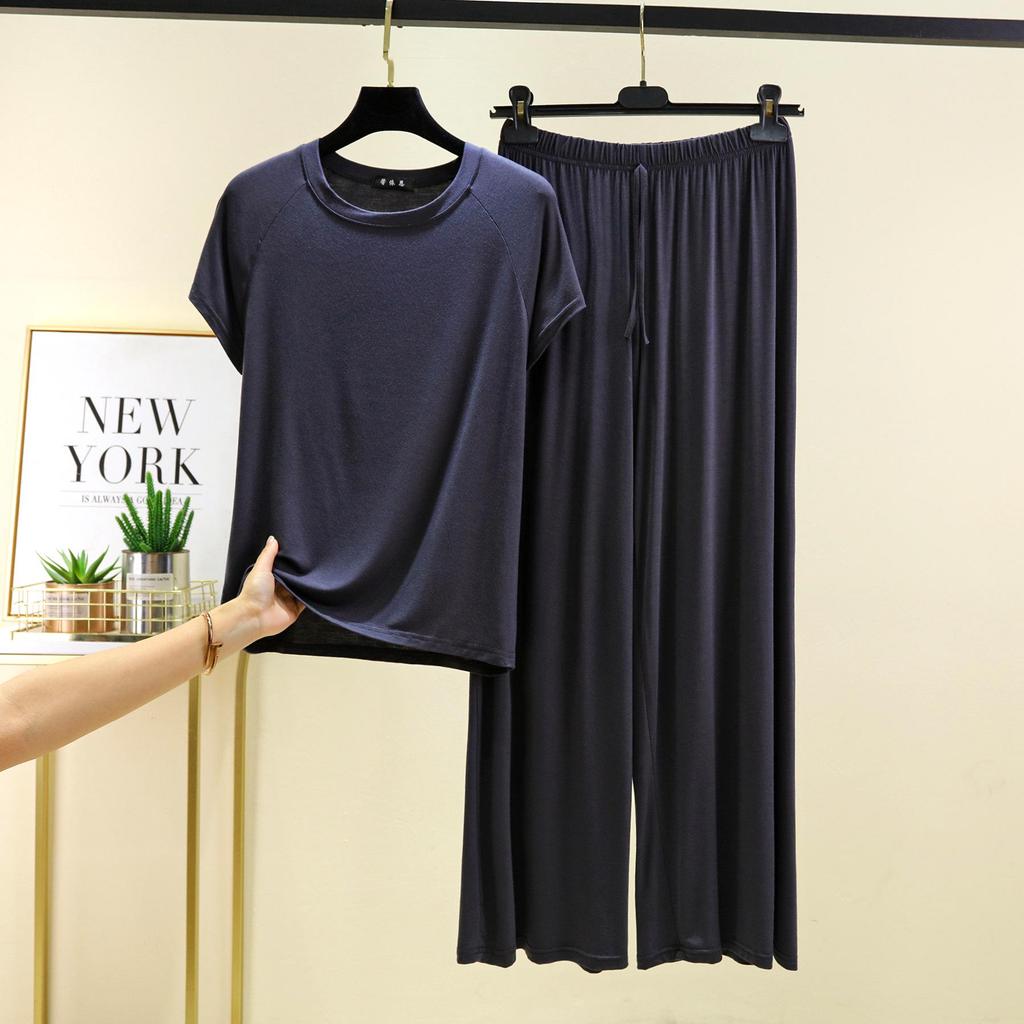 Damen Sommer Freizeit Modal Pyjama Set - Kurzarm T-Shirt & Hose, Übergröße, Bequeme zweiteilige Homewear