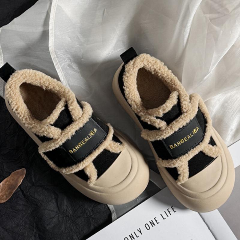 Genuine Leather and Velvet Loafers for Women Winter Velcro Retro Sneakers Thick-soled White Shoes All-match Shoes