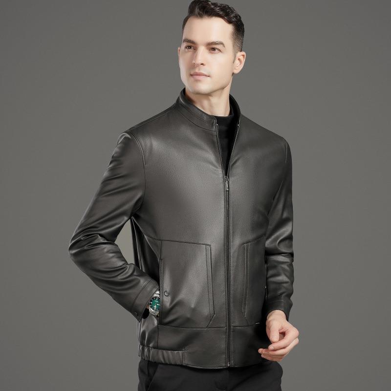 Leather jacket men's autumn and winter new business casual loose men's stand-up collar leather jacket middle-aged dad's men's jacket