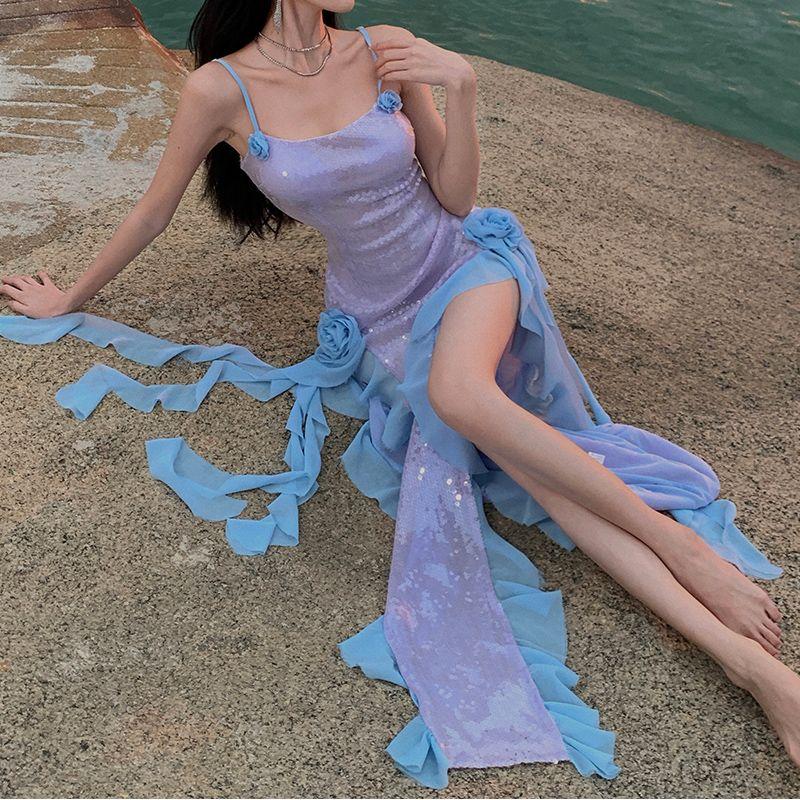 

European and American Sexy Sequined Suspender Split Dress Female French Entry Lux Fancy Birthday Party Annual Party Evening Dress Purple S