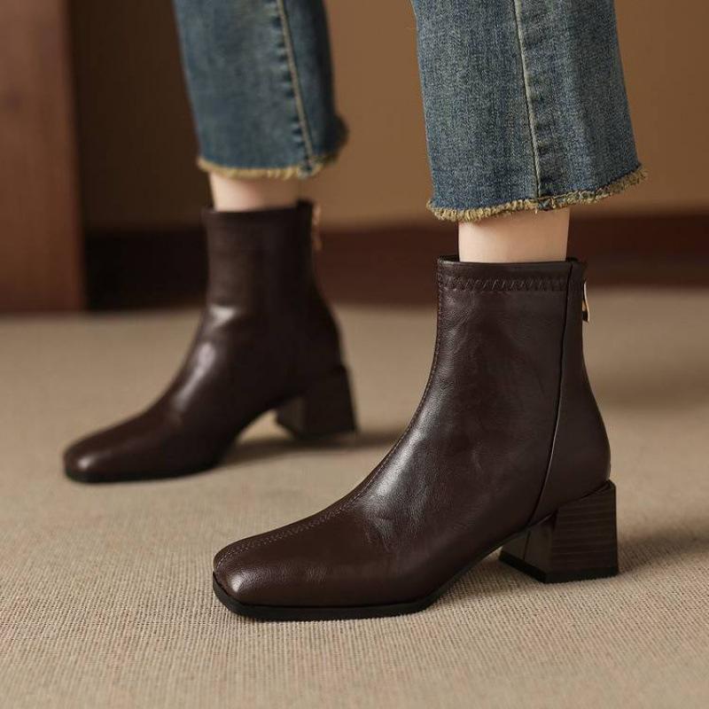 Autumn and winter solid color leather medium boots rear zipper medium heel large size women's boots square heel comfortable leather boots new f