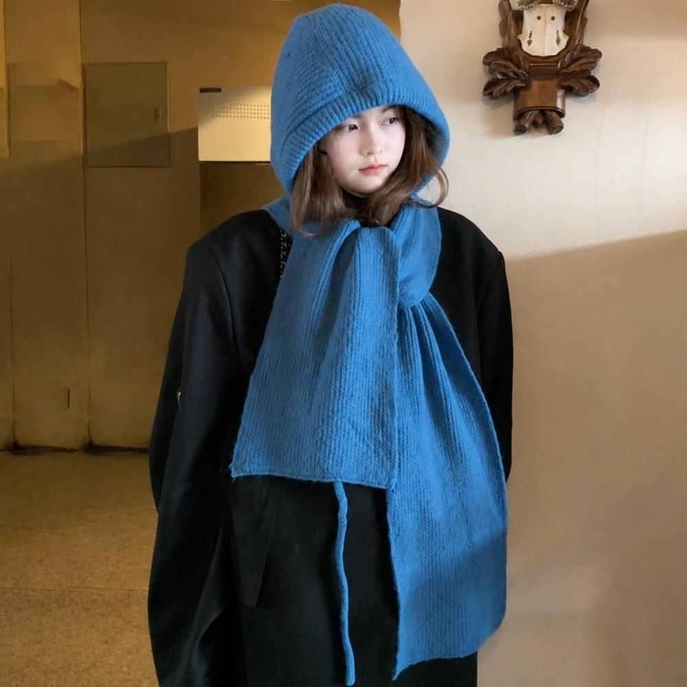 Thick Knit Hood Scarf Combo Solid Color Knitted Hooded Beanie Winter Balaclava Hat  Women