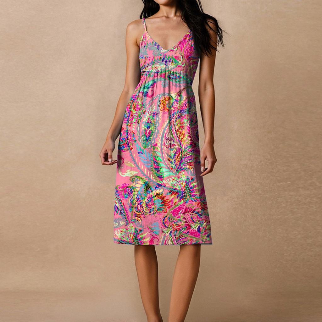 Damen Spaghetti-Träger Rückenfrei Schleife Locker Lässig Strandurlaub Blumenmuster Kleid Sommerkleid