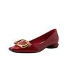 Square Buckle Single Shoes Women's Patent Leather Square Head Thick Heel Shallow Mouth Flat Heel Flat Shoes Sheepskin Pad