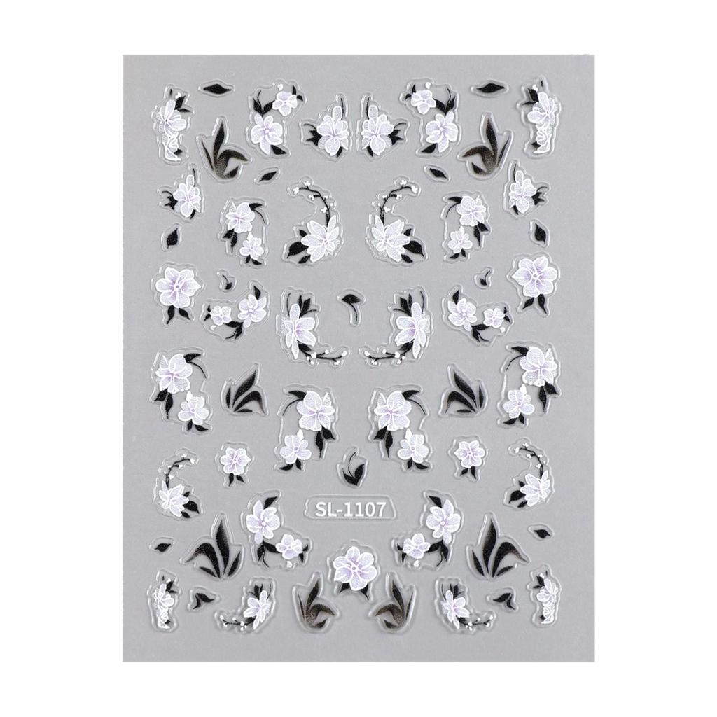 Aurora Bläck Blommiga 3D-Nagelklistermärken: Eleganta kinesiska stilreliefvita blomsterdekaler