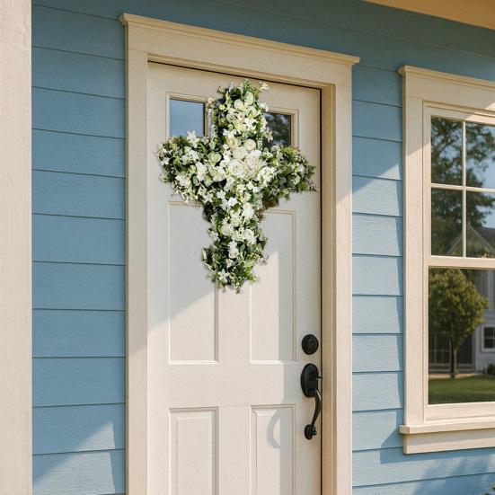 Garland Easter Wreath for Front Door Faith-Inspired Spring Decoration with Realistic Greenery And White Flowers Religious Indoor Porch Decor Gift