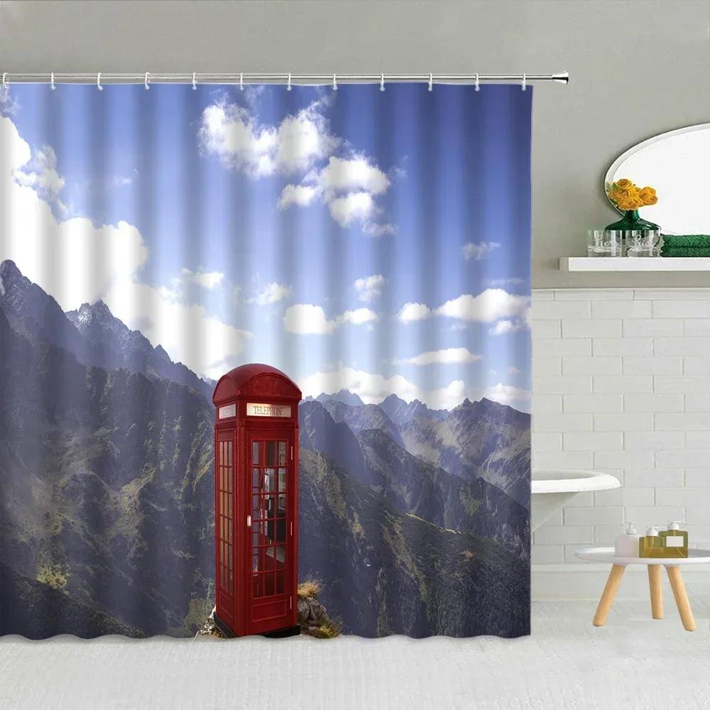 Architektura Londynu Widok Ulicy Zasłony Prysznicowe Zakochani Big Ben Czerwona Budka Telefoniczna Most Wodoodporna Tkanina Dekoracja Łazienki Curta