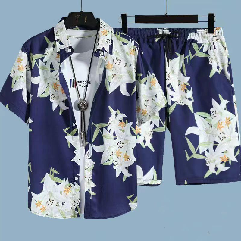Set Coordinato da Uomo Casual a Maniche Corte Floreale Hawaiano ad Asciugatura Rapida e Pantaloncini da Spiaggia