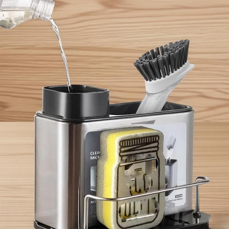 

Stainless Steel Soap Dispenser + Sponge Holder 3-In-1 Kitchen Cleaning Storage Leak-Proof & Easy To Clean Tableware Storage Rack