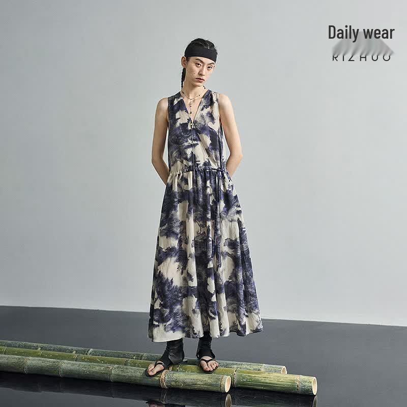 Rizhuo Oriental Ink Wash Print Draped Dress M