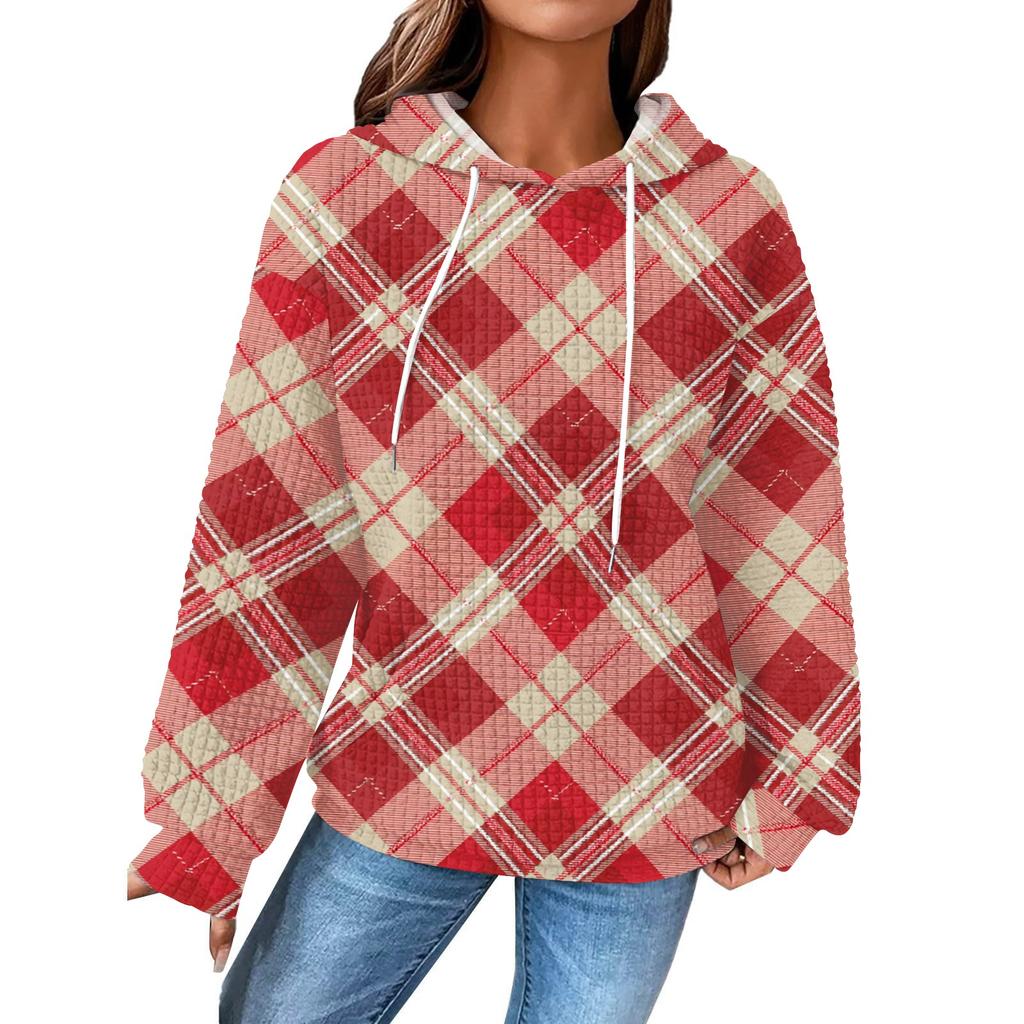 Women's Fashion Loose Hooded Pullover Long Sleeve Plaid Sweatshirt with Drawstring Drop Shoulder and Pocket Print Top