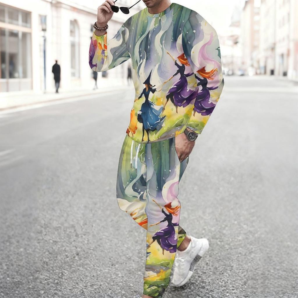 Men Black Background Purple Rose Skull Blue Butterfly Print Long Sleeve Sweatshirt Jogger Pants Two Piece Suit