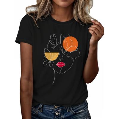Haut décontracté pour l'été et le printemps Vêtements pour femmes Figure Impression papillon T-shirt Manches courtes Col rond