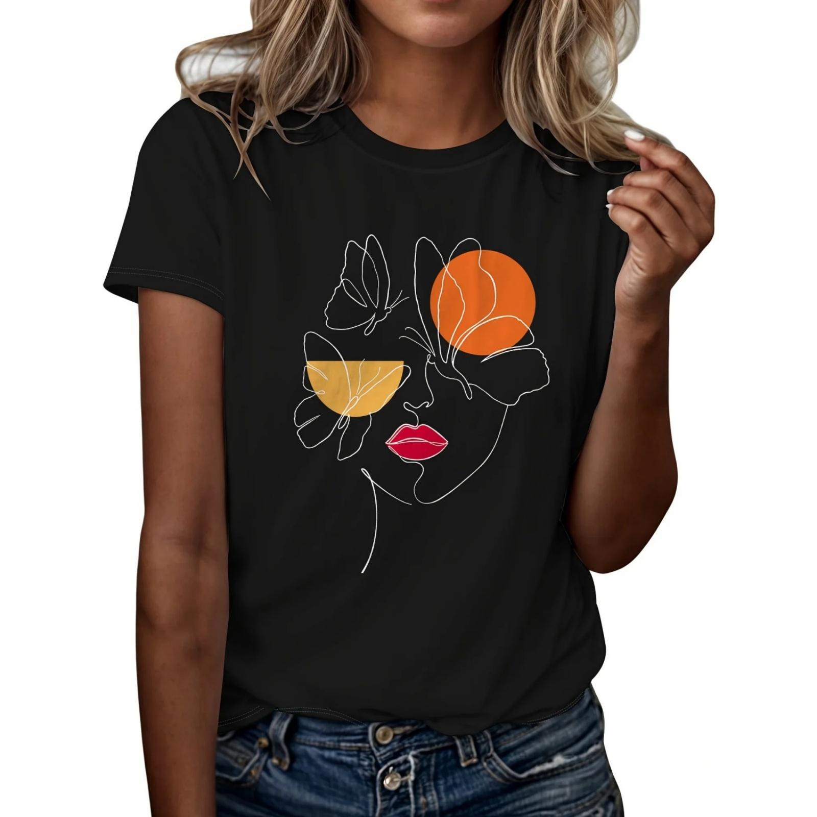 

Casual Top for Summer & Spring Women s Clothing Figure Butterfly Print T-shirt Short Sleeve Crew Neck XXXXXL різнокольоровий