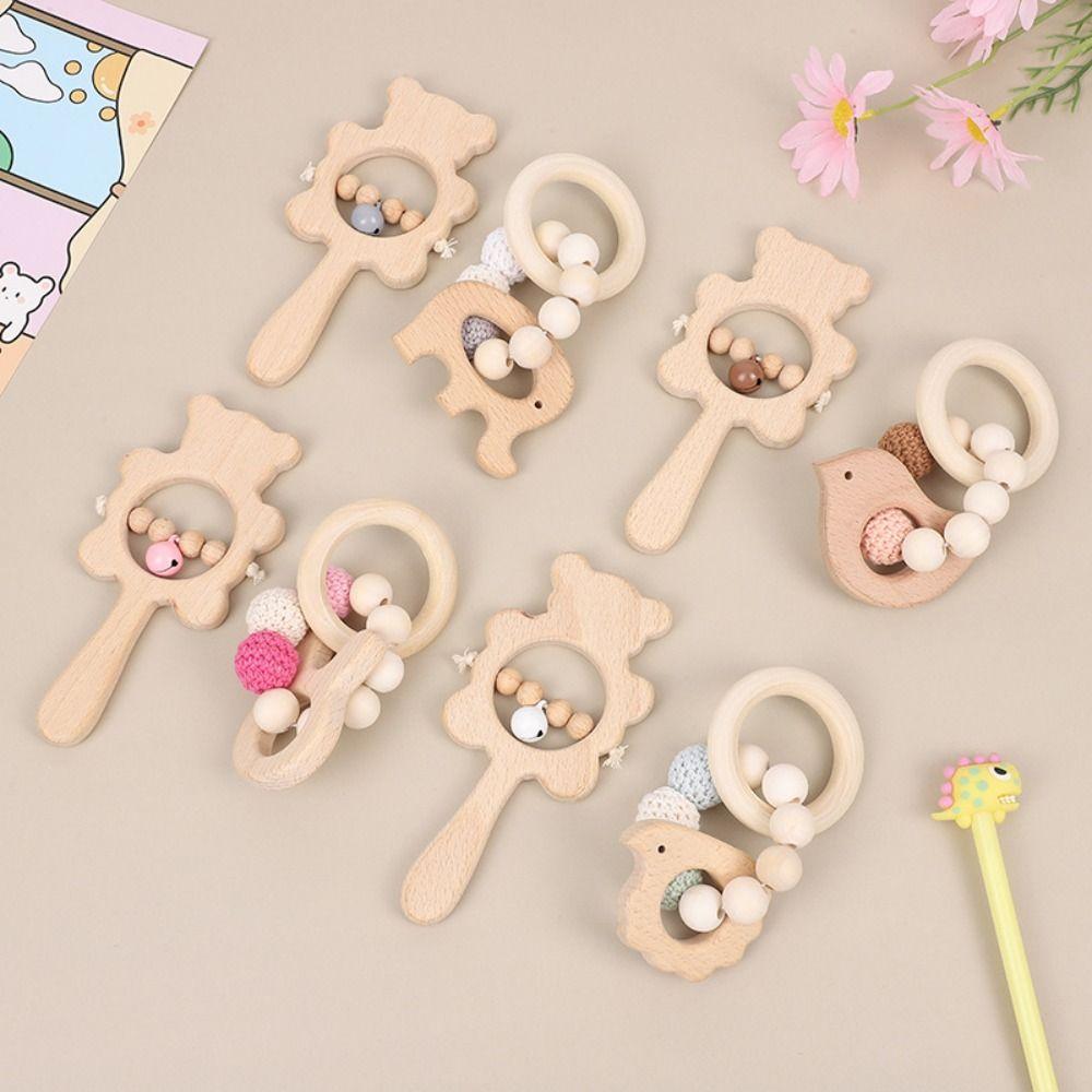 Anti-lost Wooden Baby Rattle Toy Cartoon Bear Wooden Rings Toy Handbell Rattle Toy  Kids