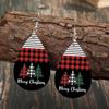 Patchwork Red Plaid & Striped Leather Christmas Tree Earrings