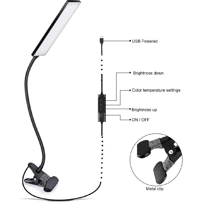 Vansuny Clip On Light LED Desk Lamp with Eye-Caring LED Light and Metal Clip, 11 Level Brightness 3 Color Modes, Power by USB Port 5W Flexible
