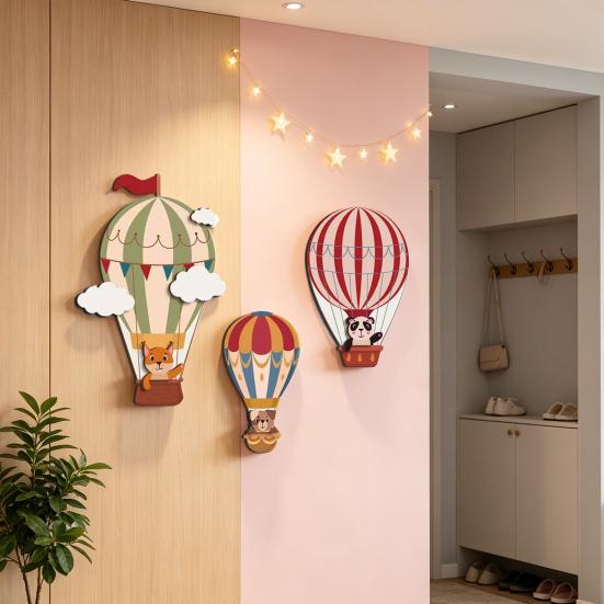 3 Pcs Hot Air Balloon Wall Decor Boho Wooden Nursery Wall Art Cartoon Animals Hot Air Balloon Wall Sculpture for Kids Bedroom Baby Shower Decoration
