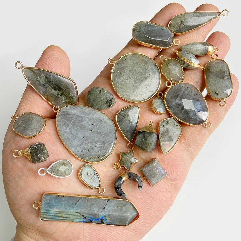 Natural Flash Labradorite Stone Charm Pendant Healing Semi-precious Stone Connector for Jewelry Making Necklace Accessories Gift