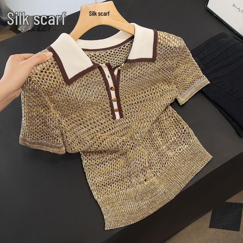 Women s Lyocell Blend Shiny Short-Sleeve Polo Knit Top L