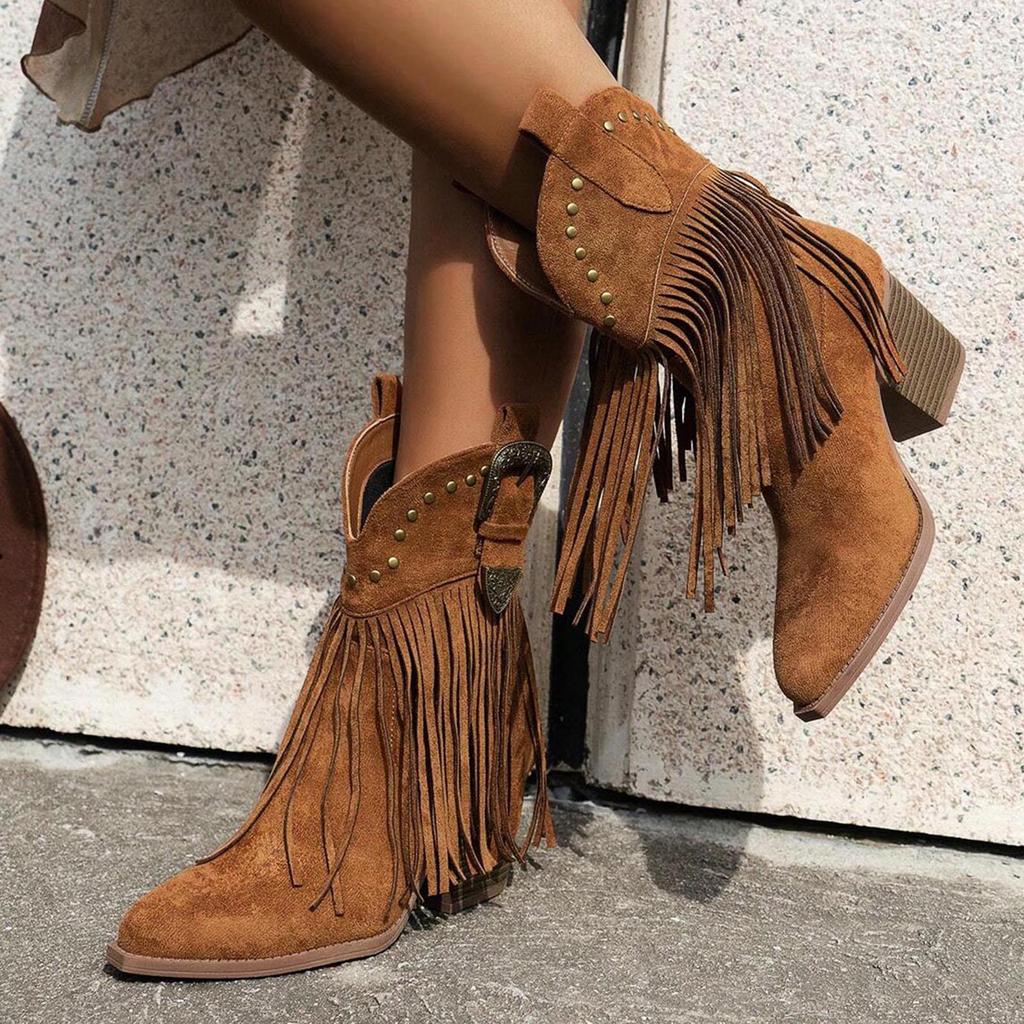 Womens Mid Calf Boots Flat Heel Womens Boots Comfortable Pull On Chunky Heel Pointed Toe Fringed Boots Botas Invierno Mujer