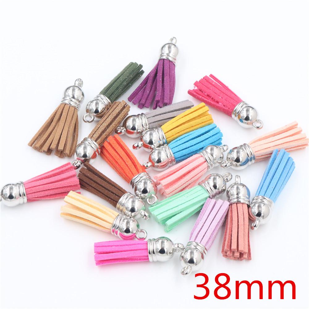 10pcs 38mm 55mm length Suede Tassel For Keychain Cellphone Straps Jewelry Charms, Leather Tassels With Silver Plated Gold Caps