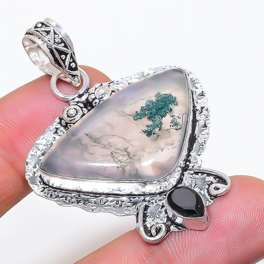 

Натуральный индийский моховой агат, шпинель, кулон-подвеска из стерлингового серебра 925 пробы 2,01 AP-14250