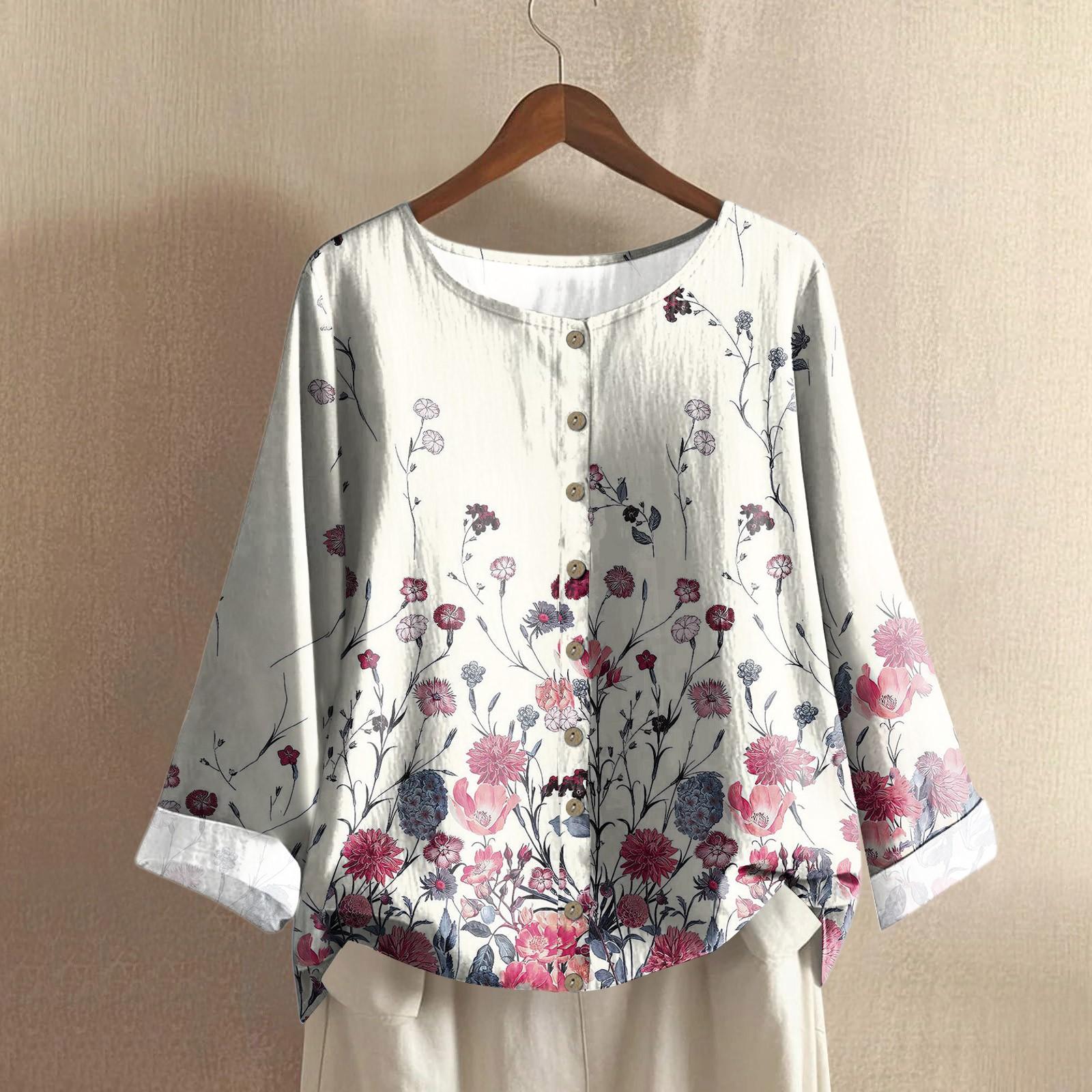 

Women s Casual Long-sleeved Round-neck Retro Gradient Printed Cotton And Linen Top L бежевий
