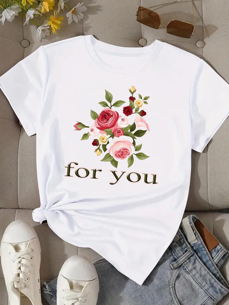 (Asian Size) Flower Love Trend 90s Women Clothing T Shirt Woman Top Fashion Female Short Sleeve Graphic T-shirts Print Tee