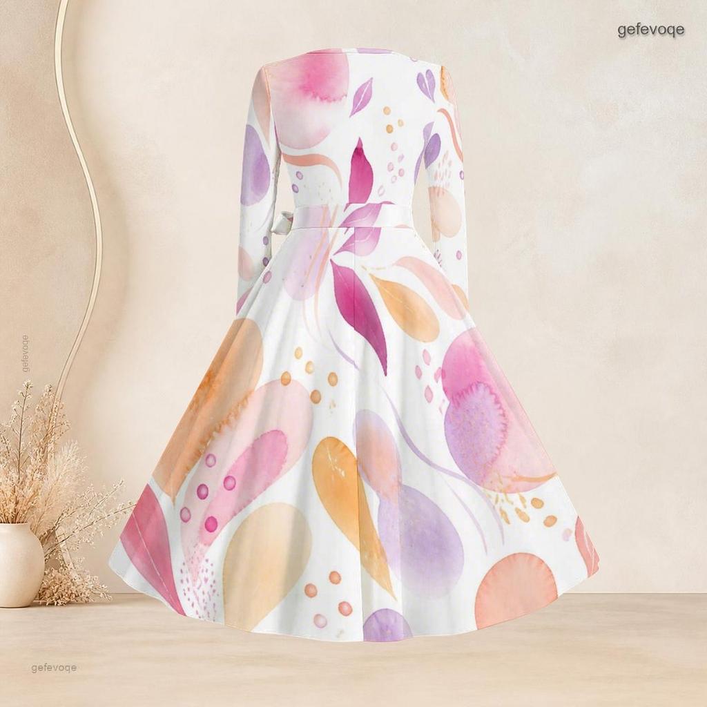 Women Plus Size Square Neck Long Sleeve Printed Tie Waist A Line Flared Dress