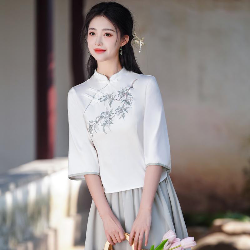 Wiosna/Lato 2025 Retro Chiński Styl Haftowana Bawełna Len Garnitur Tang Qipao Top