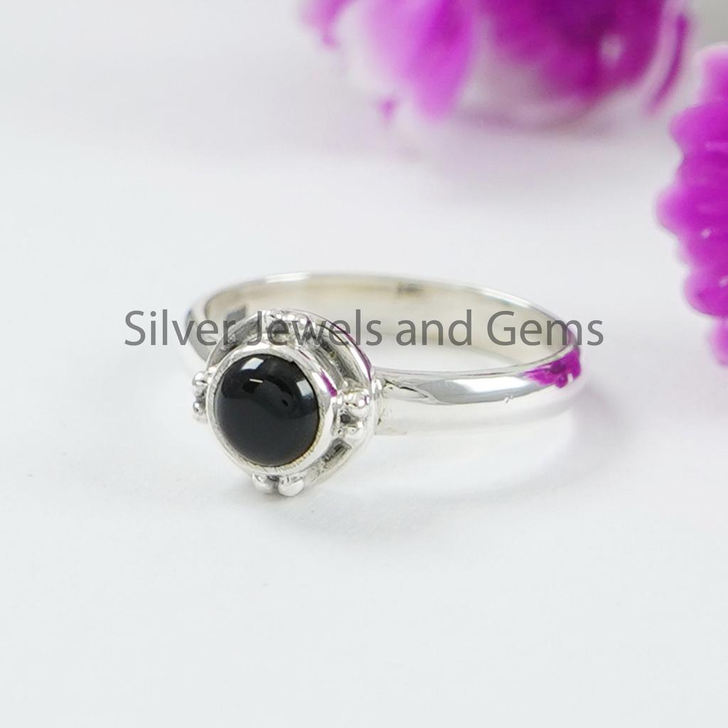 Handmade Round Black Onyx Ring, 925 Sterling Silver, December Birthstone