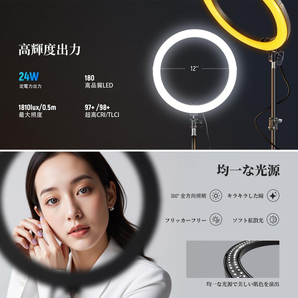 NEEWER 12-inch LED Ring Light RH12B Overhead Shooting Light 24W Bi-Color Dimmable Smartphone Compatible Telescopic Stand USB C PD 2900K-7000K CRI97+
