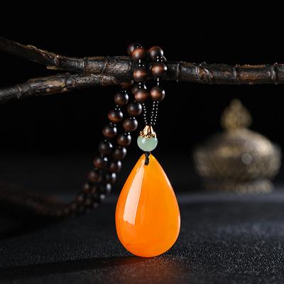 Yiwu Jewelry Ethnic Style Imitation Beeswax Water Drop Necklace Core Wood Bead Long Sweater Chain Women'S Imitation Amber Pendant