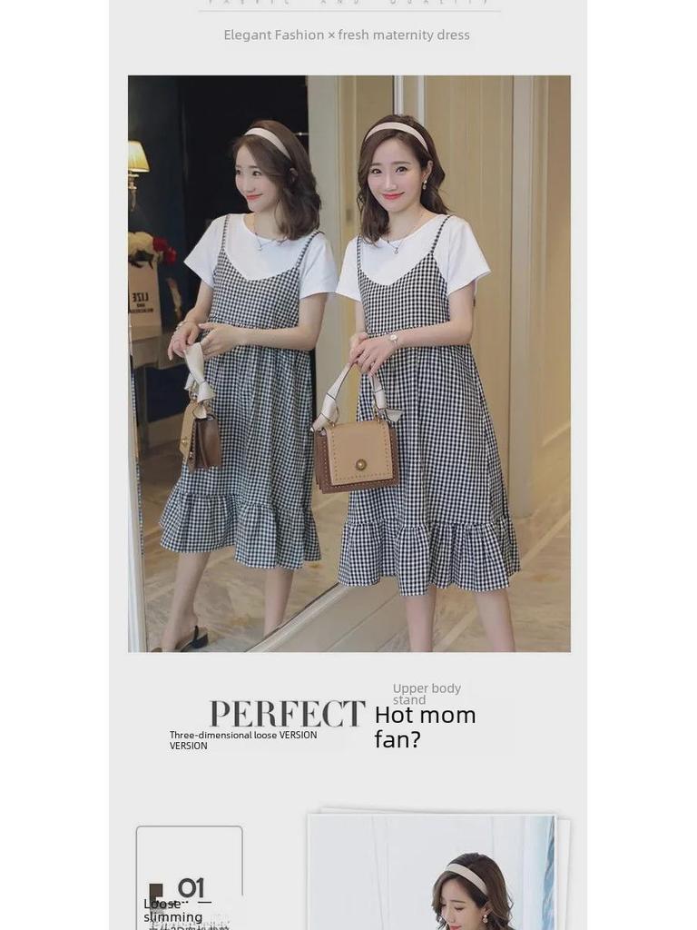 Plus Size Korean Plaid Maternity Dress - Short Sleeve, Loose Fit, Round Neck, Two-Piece Look
