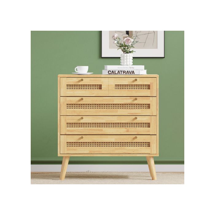 Armoire - MUVOE - 3 Tiroirs - Rotin - Bois Aggloméré - Poignées Dorées