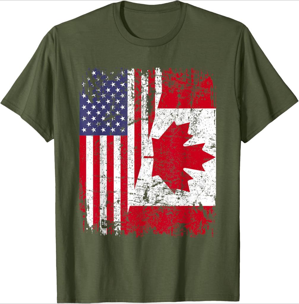 CANADIAN ROOTS|Half American Flag|CANADA pattern design-100% cotton summer O-neck short sleeve printed men's T-shirt.